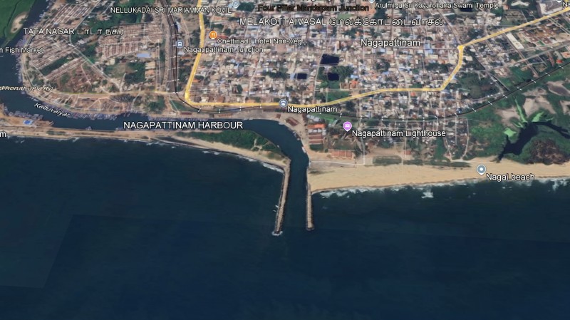 A google map image presenting the coast of Nagapattinam today.