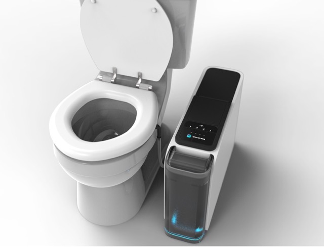 An image of the GutLab™ toilet and monitoring technology, which appears as a rectangular machine attached to the toilet with buttons on top.