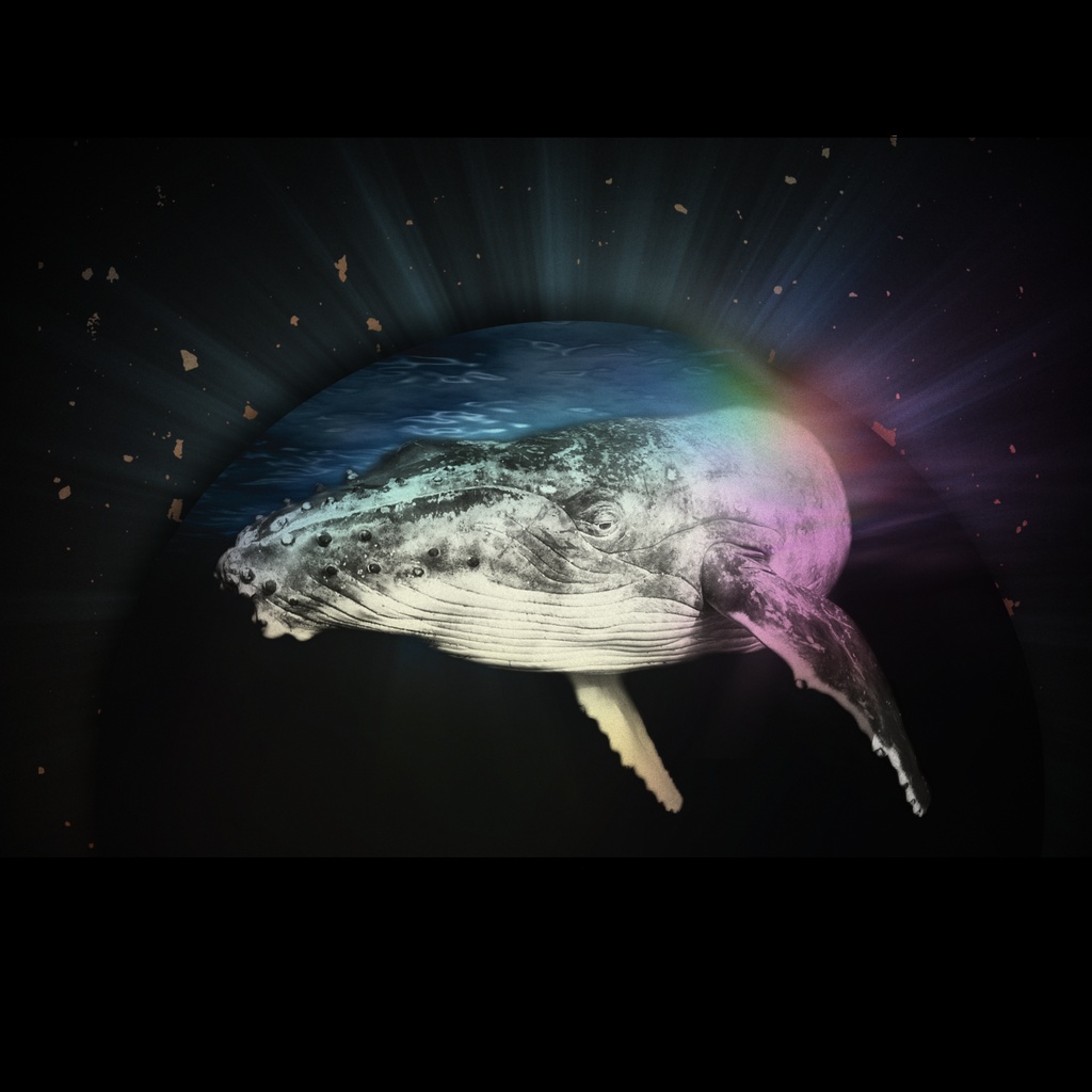 A collage of a humpback whale emerging from a dark, underwater space. The whale is shown in pale gray and blue tones, with pink, green and violet light washing across their body. Soft beams radiate outward behind them, against a black background scattered with small, gold flecks.