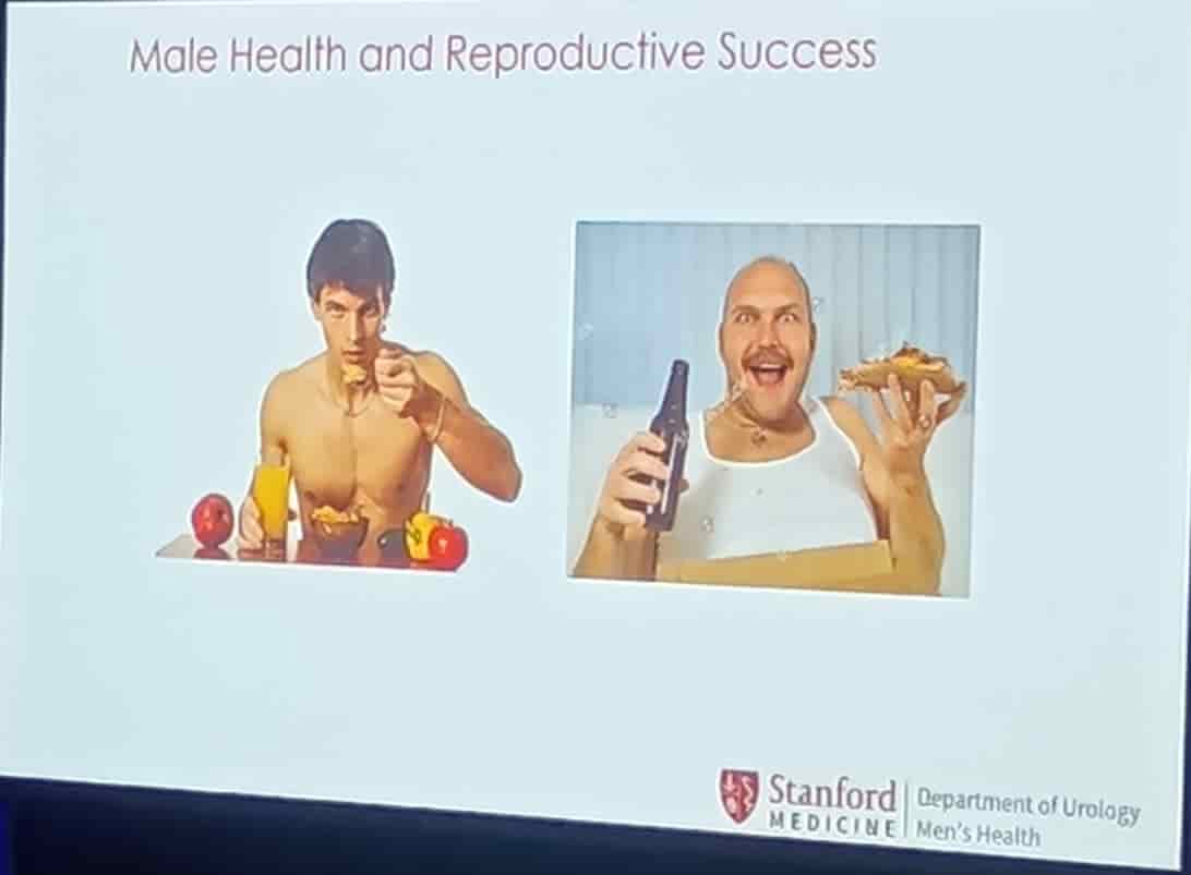 Conference presentation slide titled “Male Health and Reproductive Success,” contrasting a muscular man eating fruit with a larger man holding beer and food to depict different lifestyle practices.