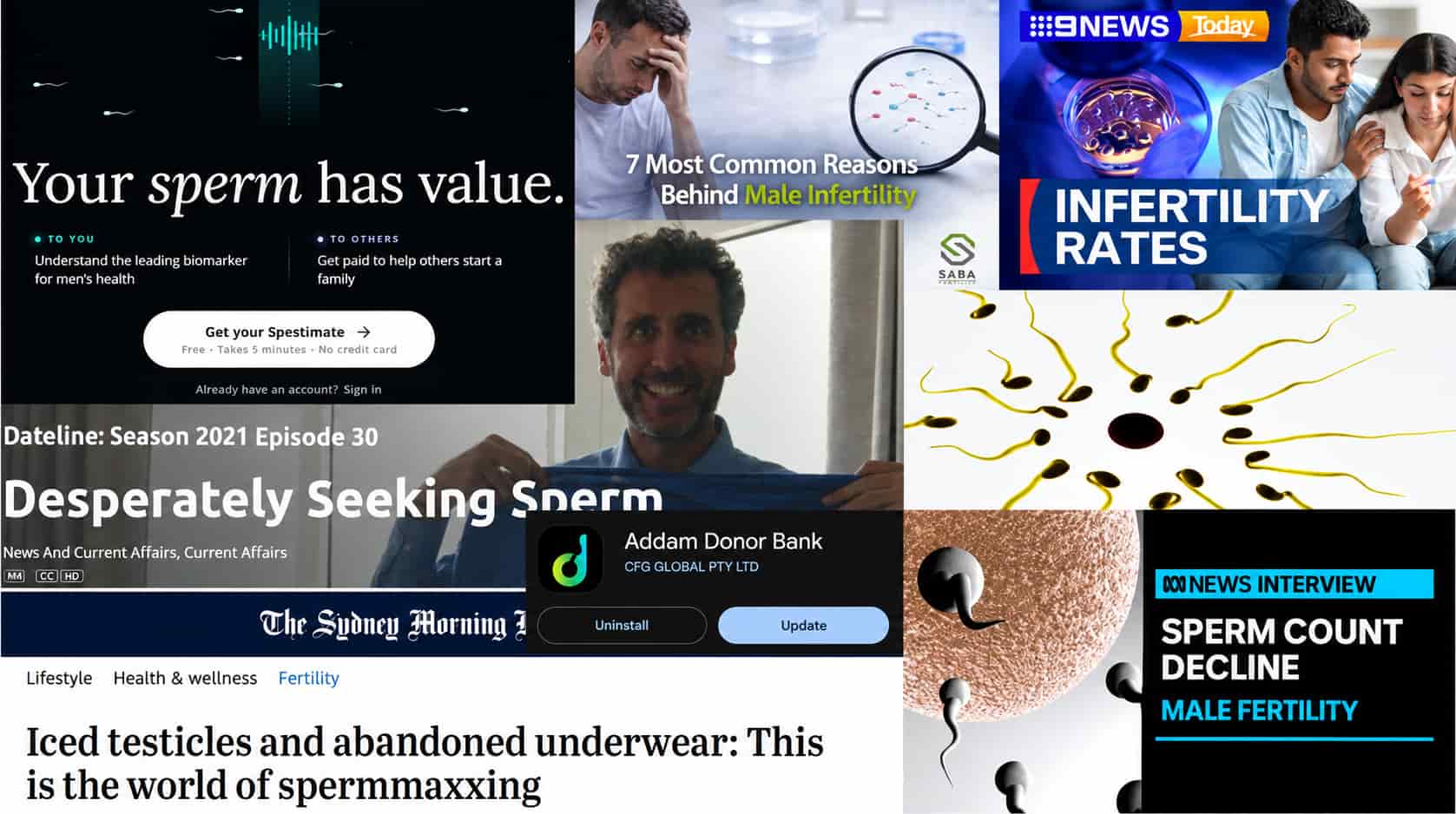 Collage of Australian media and digital representations of male fertility, including sperm testing and donation, male infertility, declining sperm counts, sperm optimisation, and donor sperm.