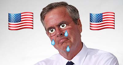 Edited portrait of Jeb Bush with cartoon eyes and tears with American flags on either side of his head.