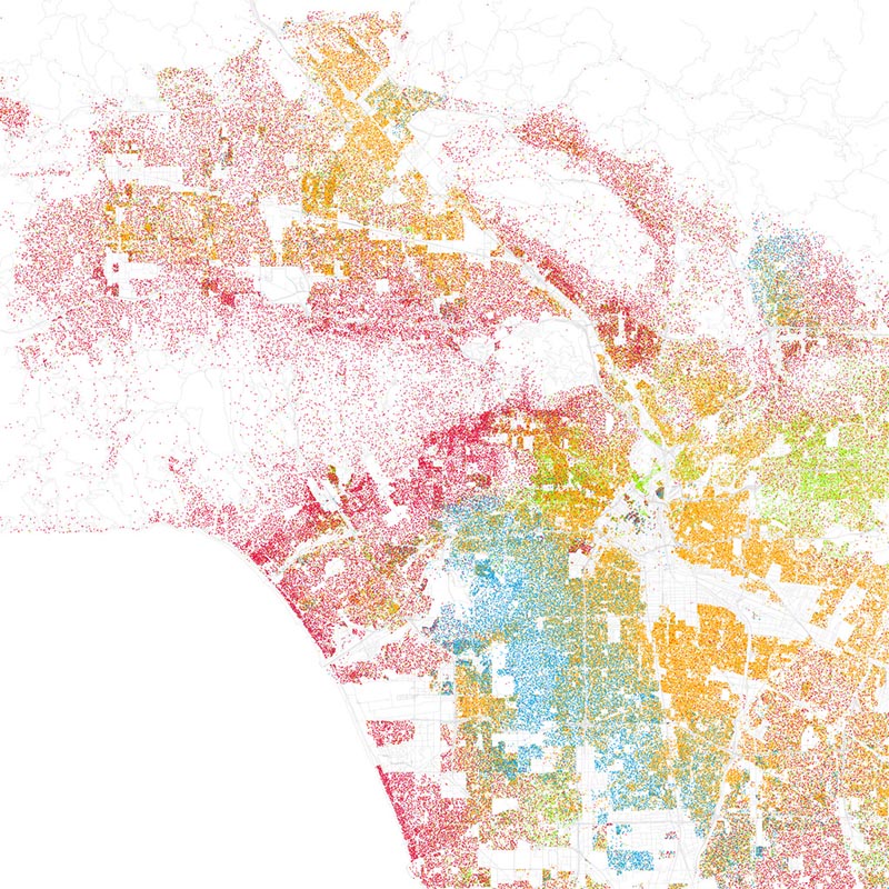Colorful map of Los Angeles showing different colored dots to represent race and ethnicity. Some areas are more red, some blue, some yellow, a few green.