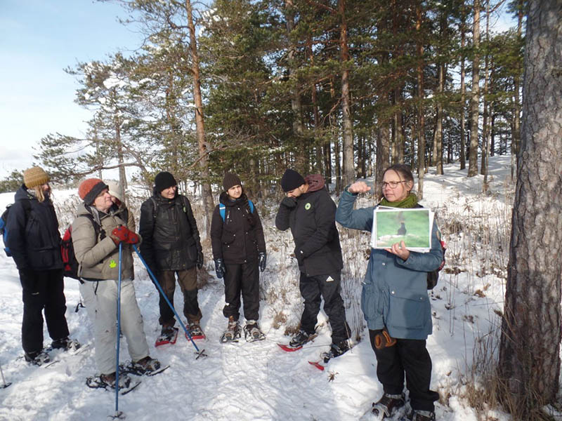 A group of 6 NBI participants in padded winter outdoor clothing stand on the edge of some sparse coniferous woods. Snow underfoot with clear blue skies. One participant holds a photo of an animal and is showing the group.