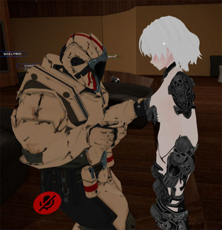 A masculine avatar touches a feminine avatar.