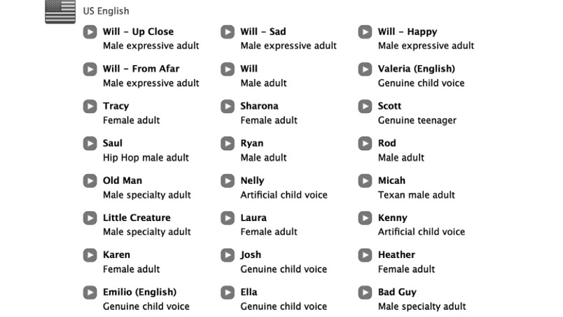 A list of 24 voice options arranged in a table of 3 columns and 8 lines. Each cell contains a name for the voice option and a description that specifies whether it's an adult or child voice, as well as the gender.