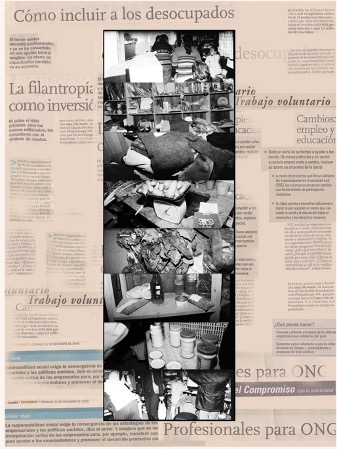 Photomontage of newspaper articles and photos thematically united around the topic of unemployment