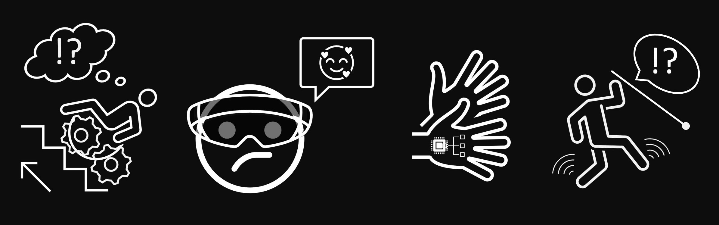 graphic representation of various disability dongles. Left stair climbing wheelchair. Next "social emotion recognition" AR goggles. Next Sign language gloves. Last, Right haptic shoes interfering with blind person's navigation.