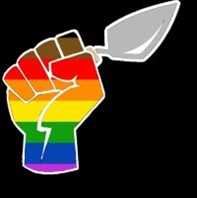 An illustration of the political struggle symbol upright left fist in LGBTQ+ rainbow colors holding a trowel