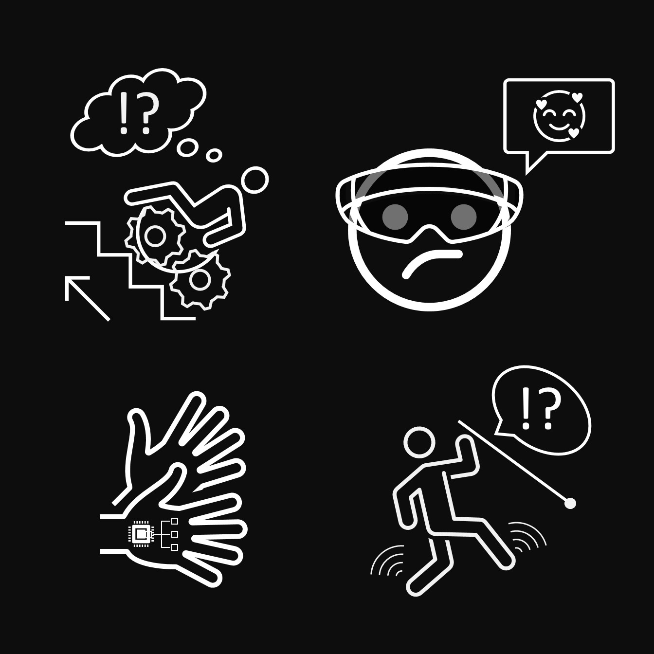 graphic representation of various disability dongles. Top Left stair climbing wheelchair. Top right "social emotion recognition" AR goggles. Bottom Left Sign language gloves. Bottom Right haptic shoes interfering with blind person's navigation.