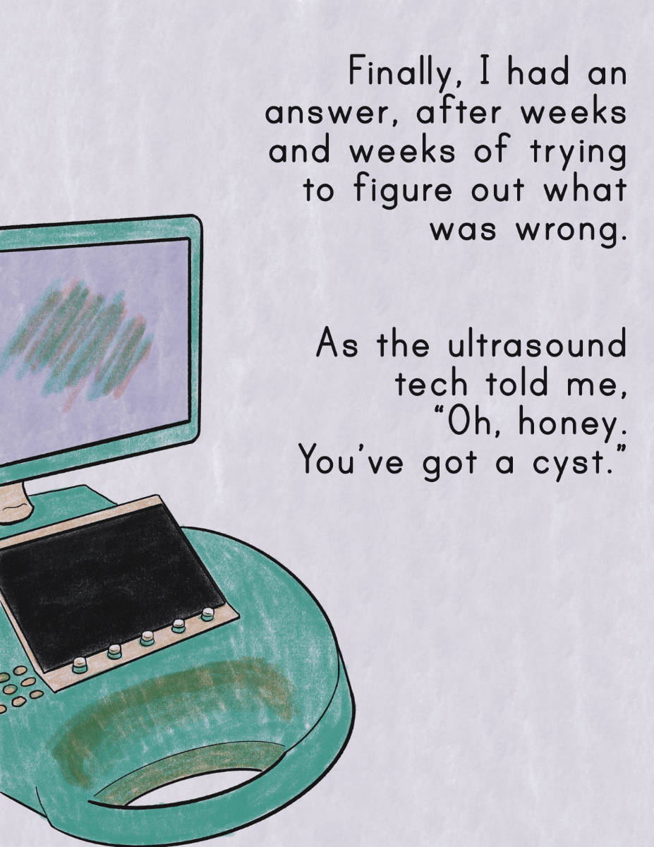 A drawing of an ultrasound machine. Next to it, the comic narration text reads: "Finally, I had an answer, after weeks and weeks of trying to figure out what was wrong. As the ultrasound tech told me, "Oh, honey. You've got a cyst."