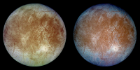 Two Images of Europa, Jupiter's Moon, side by side, photo taken by NASA
