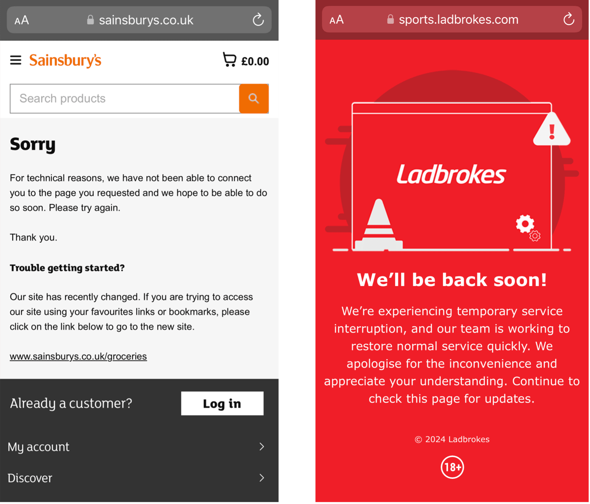 Two screenshots depicting two different technical error messages from the July 2024 Cloudstrike Outage. The image on the left is of the Sainburys mobile landing page and the image on the right is from the Ladbrokes mobile site.