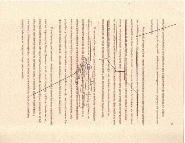 It is an image of a text, part of my doctoral proposal, with a rotoscoped drawing of a walking person on top.