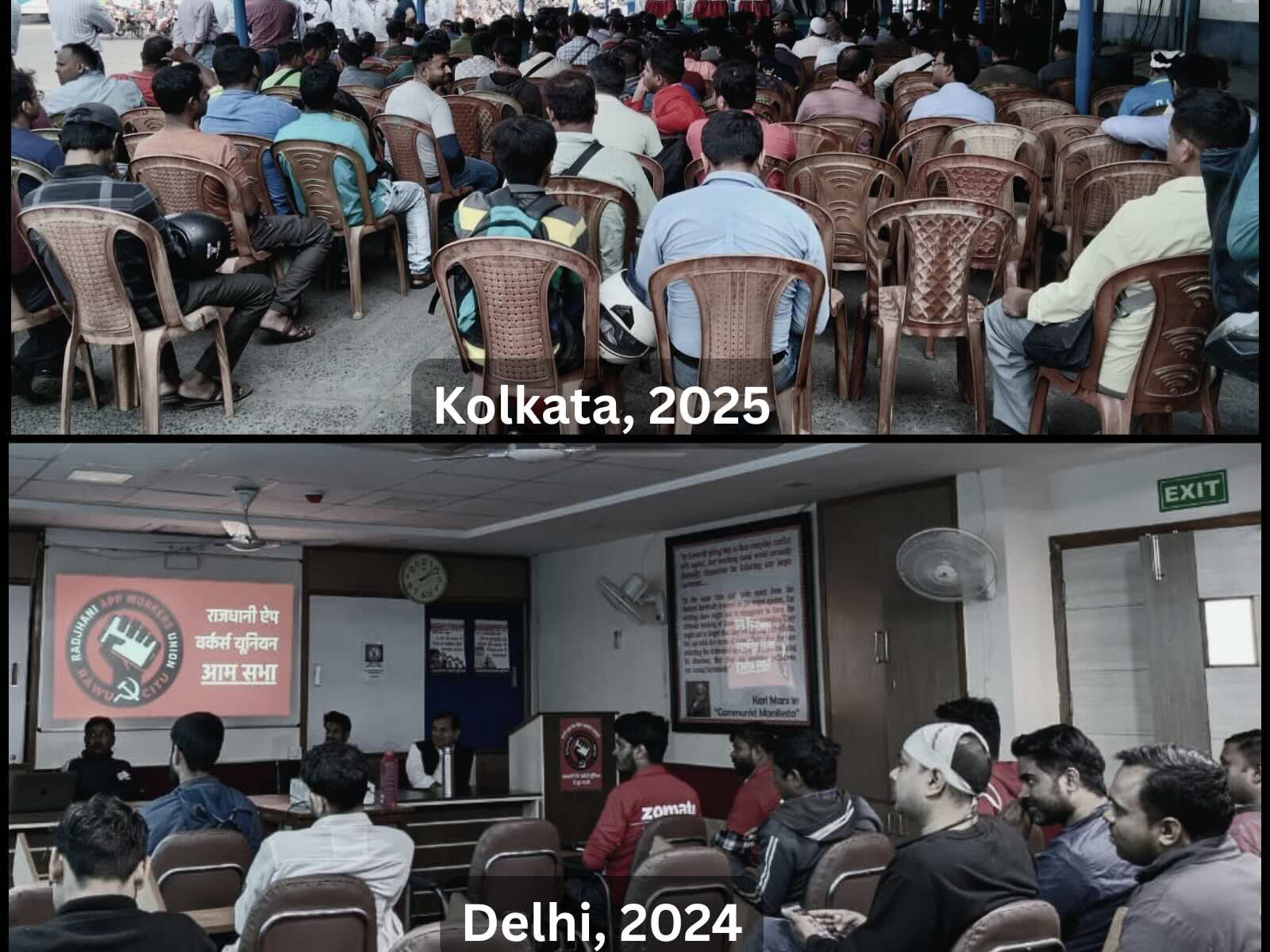 Two photographs taken from behind workers sitting in labor meetings, one labeled "Kolkata, 2025", the other "Delhi, 2024."