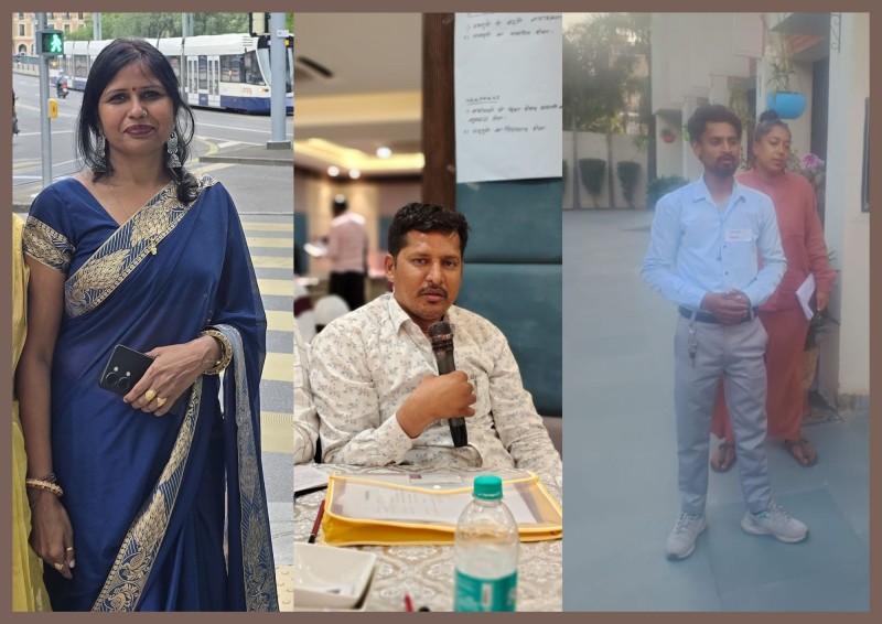 The picture is composed of three separate images. The first shows a woman with medium length black hair in a blue saree. The second shows a man with black hair and a white patterned shirt holding a mike. The third shows a man with a white shirt and grey trousers addressing a gathering.