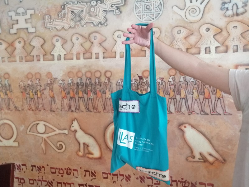 A bag in the foreground, with a sheet showing hieroglyphs on the wall in the background.